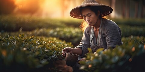 Asian woman gardener collects fresh tea leaves at dawn. Banner. Close up. Generative AI. - obrazy, fototapety, plakaty