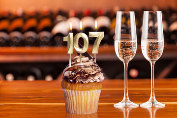 Cupcake With Numbers And Glasses With Wine For Birthday Or Anniversary