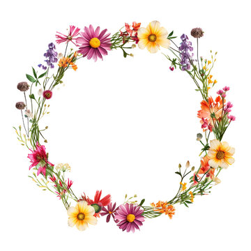 Round frame of flowers isolated on white background with empty space for image. Mockup for design, photo, poster. 