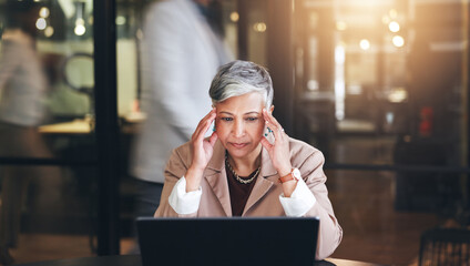 Stress, headache and laptop with business woman in office for fatigue, anxiety and report. Mental...