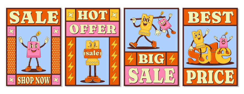 Set of retro sale posters with cartoon groovy discount coupon, bag character. Shop now, hot offer, best price. Vector background, for banner, flyer. Pop art, vintage, y2k style. A4 format