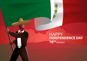 Mexican man wearing traditional Mexican clothes holding the flag of Mexico, independence day, vector illustration