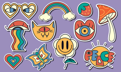 Peaceful stickers set in retro groovy style