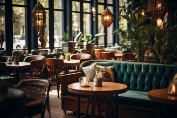 Fototapeta na wymiar Charming Coffee Shop with Comfortable Seating, and Tasteful Decor Generative ai