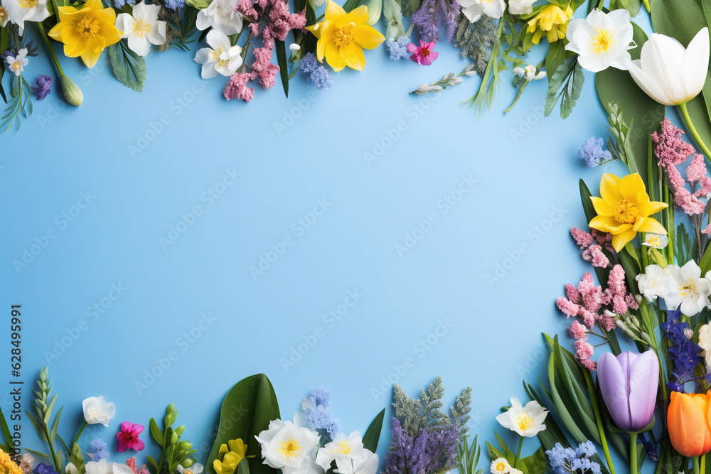 Wall mural spring flower frame on blue background copy space flat lay mock up