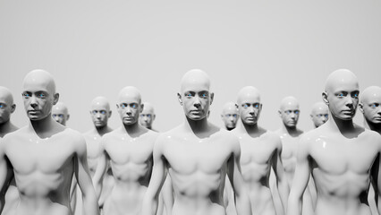 Army of robots. A crowd of cyborg workers marching in formation. 3D render