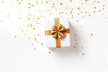 Gifts or presents boxes with gold bows and confetti on white background, top view. AI generated