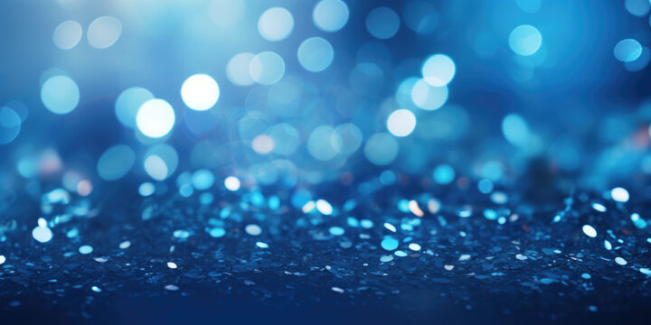 Bokeh background in blue in the style of confetti like dots. Glitter and diamond dust. AI generated