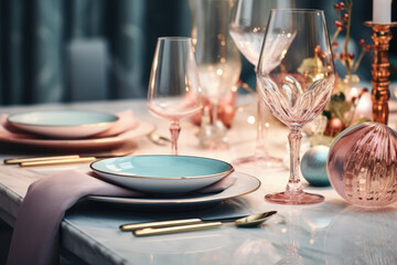 Table served for Christmas dinner in minimalistic decor. Pastel colors. AI generated