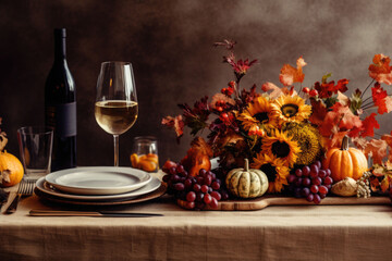 Fototapeta na wymiar Fall table setting for celebration Thanksgiving or Friendsgiving day, family party. AI generated