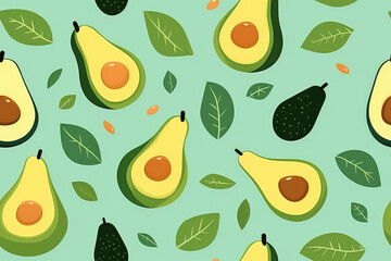 Avocado seamless pattern of lots of avocados and slices. Green colors, repeat texture of tasty kawaii vegetables and leaves. 