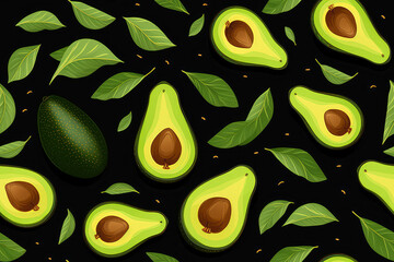 Avocado seamless pattern of lots of avocados and slices isolated on dark flat background. Green colors, repeat texture of tasty kawaii vegetables and leaves. 