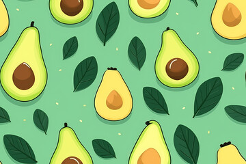 Avocado seamless pattern of lots of avocados and slices. Green colors, repeat texture of tasty kawaii vegetables and leaves. 
