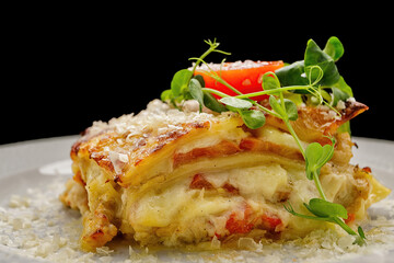 Lasagna with shrimp, mushrooms and parmesan cheese, close-up