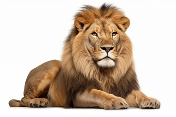 Lion the king of the jungle, setting on the floor. Isolated on white background. Generated AI