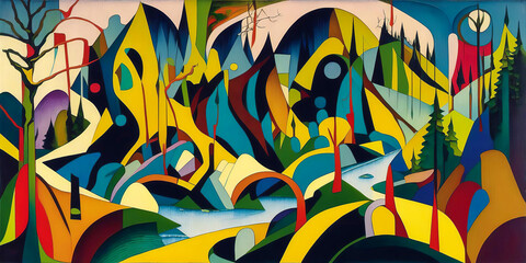 Полуабстрактный пейзаж в красочном мире,