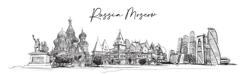 Russia Moscow Hand drawing Skyline Vector Illustration.