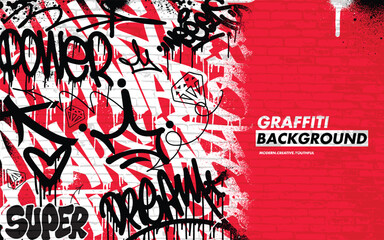 Graffiti background with throw-up and tagging hand-drawn style. Street art graffiti urban theme in vector format.
