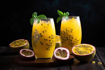 A delicious cocktail made from a tropical blend of passion fruit and citrus juices served in a chilled glass with mint.