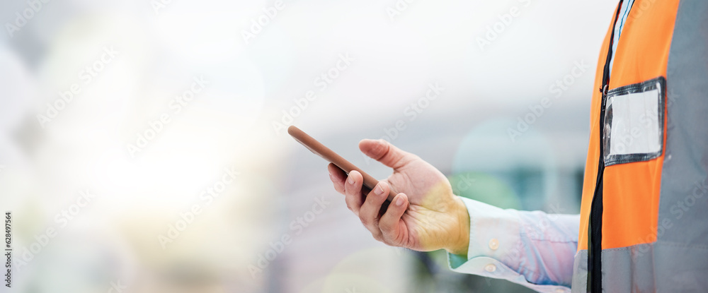 Canvas Prints Phone, architecture and hands of person on construction site for engineering, space and communication. Building, social media and banner with closeup of contractor for contact, networking and mockup