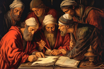 Old painting of scribes and rabbis copying the Holy Scriptures in Constantinople Generative AI Illustration - obrazy, fototapety, plakaty