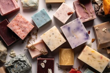 Organic handmade soap with a soothing scent of lavender and other floral scents. - obrazy, fototapety, plakaty