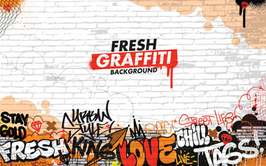 Graffiti background with throw-up and tagging hand-drawn style. Street art graffiti urban theme in vector format. © Themeaseven