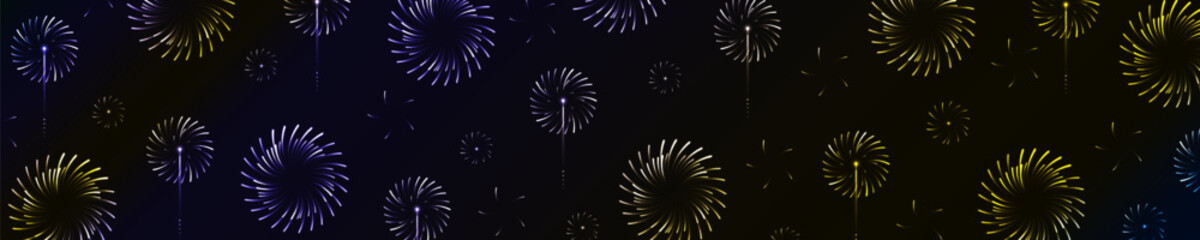 Panorama of Colorful Fireworks in the night sky.  Bright spirals of fireworks. Sky of exploding firework background. Vector. 