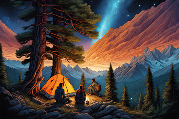 picture of people camping in the mountains and there are trees and animals around. Generative AI 