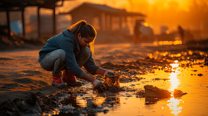A volunteer collects garbage on a muddy beach. The concept of Earth Day.