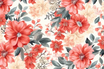 Fotobehang wallpaper summer art drawing pattern leaf fabric flower textile spring. Generative AI. © VICHIZH