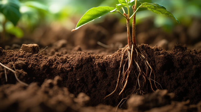 Coffee Plant Roots: Description: An intriguing close-up of coffee plant roots digging into the rich soil. The image illustrates the resilience of the coffee plant