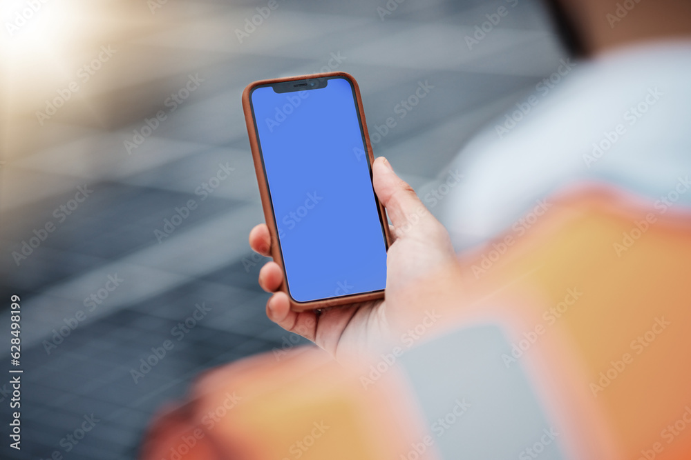 Poster Man, hands and phone mockup on rooftop for communication, construction or outdoor networking. Closeup of male person, architect or engineer working on mobile smartphone display or mock up space