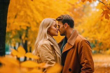 Romantic couple of lovers in autumn park