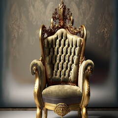  A regal chair embellished with golden accents and plush velvet, fit for an extravagant banquet.