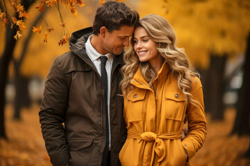 Romantic couple of lovers in autumn park