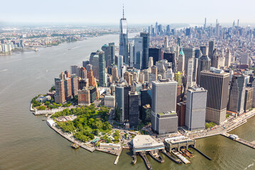 New York City skyline aerial view of Manhattan with World Trade Center skyscraper in the United...