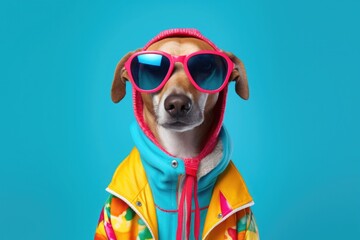 Dog wearing colorful clothes and sunglasses looks at the camera