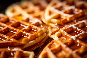 freshly baked waffles close up texture with maple or golden syrup - obrazy, fototapety, plakaty