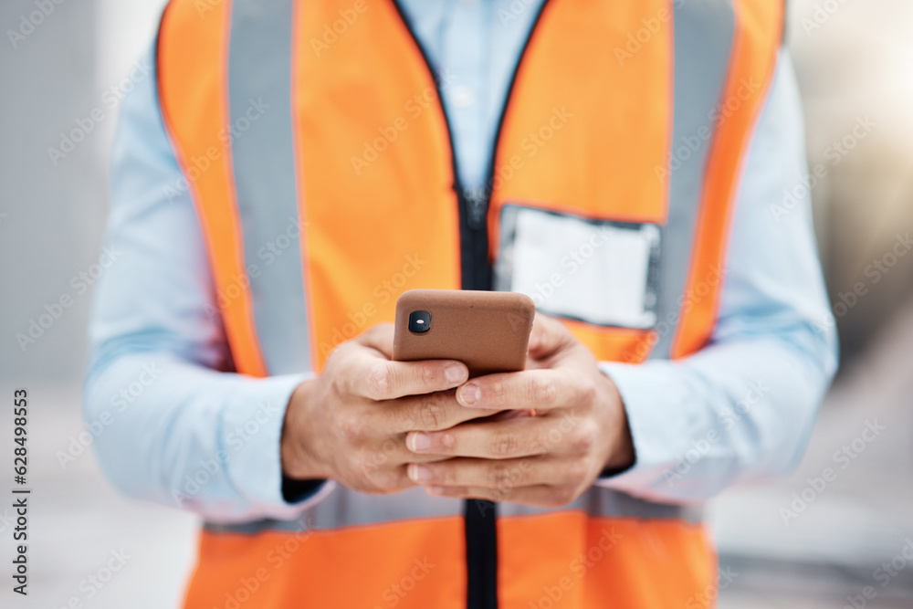 Fototapete phone, construction site and search with hands of person for engineering, architecture and communica