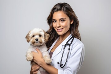 Woman veterinarian holding a dog 
