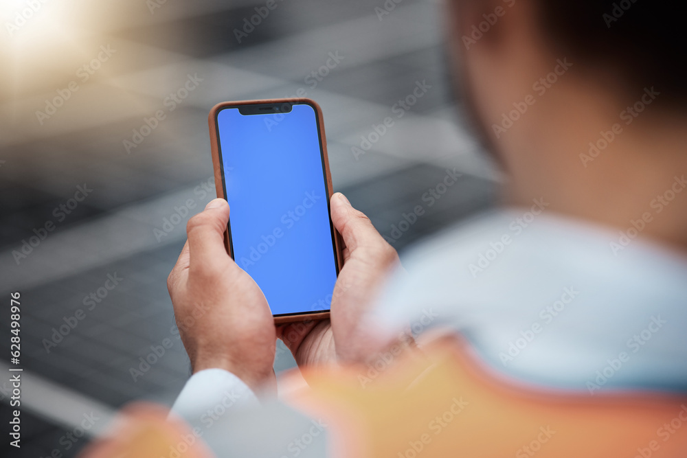 Poster Man, hands and phone mockup in city for communication, construction or outdoor networking. Closeup of male person, architect or engineer working on mobile smartphone app, display or mock up space