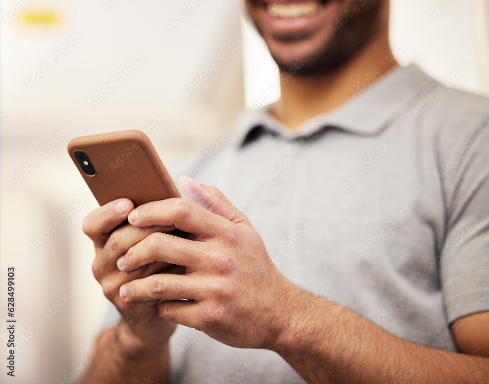 Aufkleber man, hands and phone typing for social media, communication or networking at home. closeup of male p