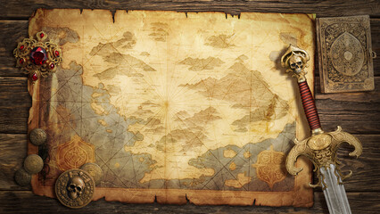 Fantasy background with old map © T Studio