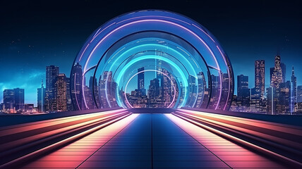 round neon arch portal with a view of the panorama of the modern city cityline skyscrapers, podium presentation