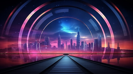 round neon arch portal with a view of the panorama of the modern city cityline skyscrapers, podium presentation