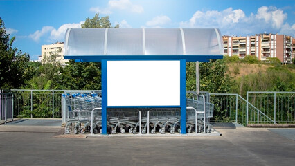 Poster mockup on a shopping cart shelter, advertising display on a grocery cart canopy ou of a supermarket, marketing concept