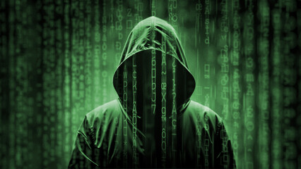 Hacker under a matrix digital rain, mysterious hooded man silhouette under a green binary code characters falling down, computer technology concept for coding, hacking or cyber security