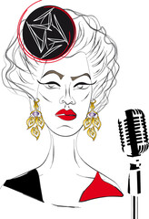 Woman Jazz singer in gold earrings, fancy hat. Retro style, 60s Hairstyle