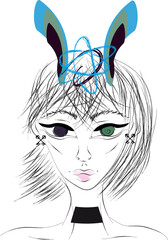 Girl in fancy hat with ears, extravagant, heterochromia